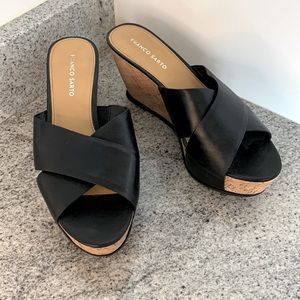 Franco Sarto Platform Sandals, cork platform with black leather uppers, size 11
